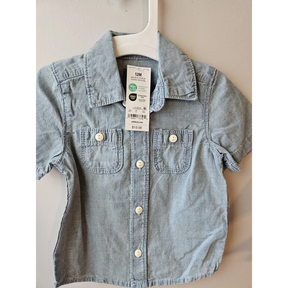 OSHKOSH Blue Denim‎ Toddler Button Up Short Sleeve Shirt 12M